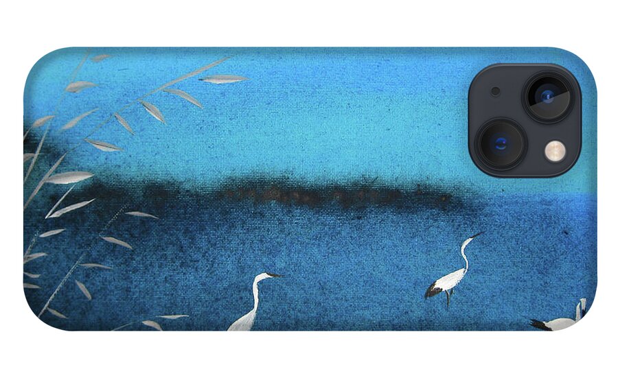 Egret iPhone 13 Case featuring the painting Amidst The Rain and Gloom by Oiyee At Oystudio