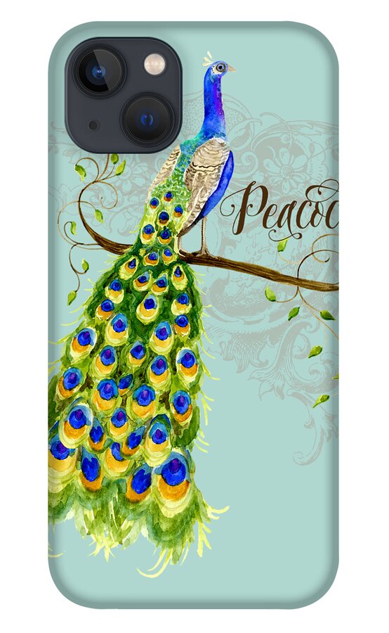Art Nouveau iPhone 13 Case featuring the painting Art Nouveau Peacock w Swirl Tree Branch and Scrolls by Audrey Jeanne Roberts