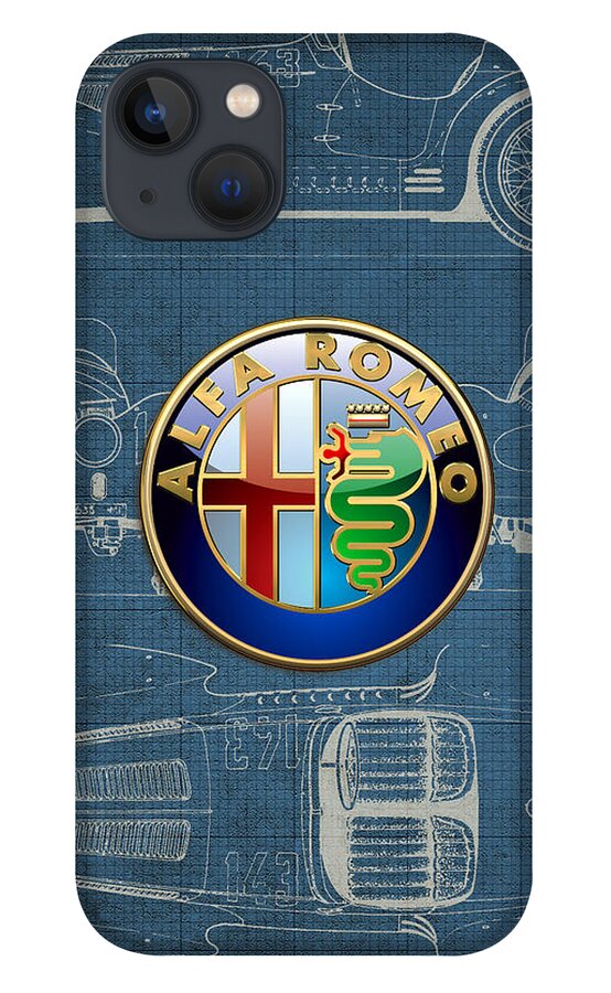 �wheels Of Fortune� By Serge Averbukh iPhone 13 Case featuring the photograph Alfa Romeo 3 D Badge over 1938 Alfa Romeo 8 C 2900 B Vintage Blueprint by Serge Averbukh