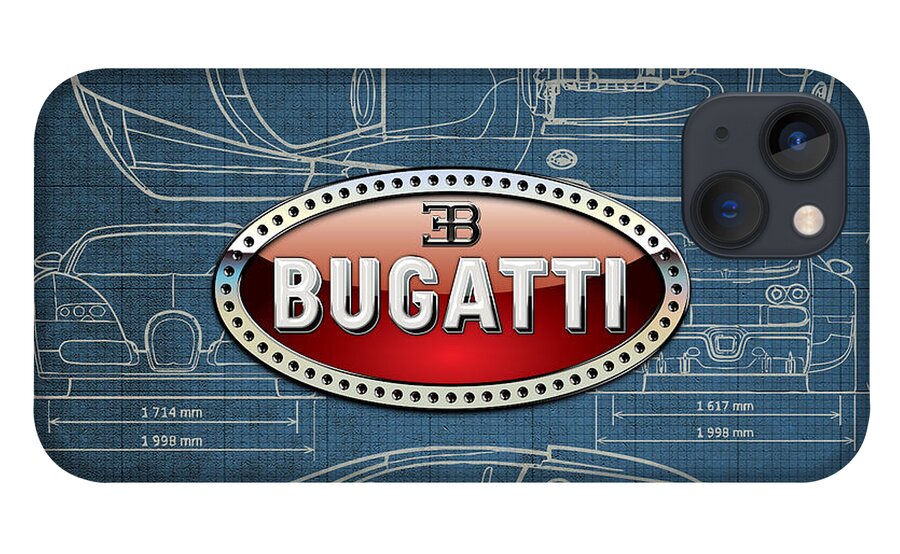 �wheels Of Fortune� By Serge Averbukh iPhone 13 Case featuring the photograph Bugatti 3 D Badge over Bugatti Veyron Grand Sport Blueprint by Serge Averbukh