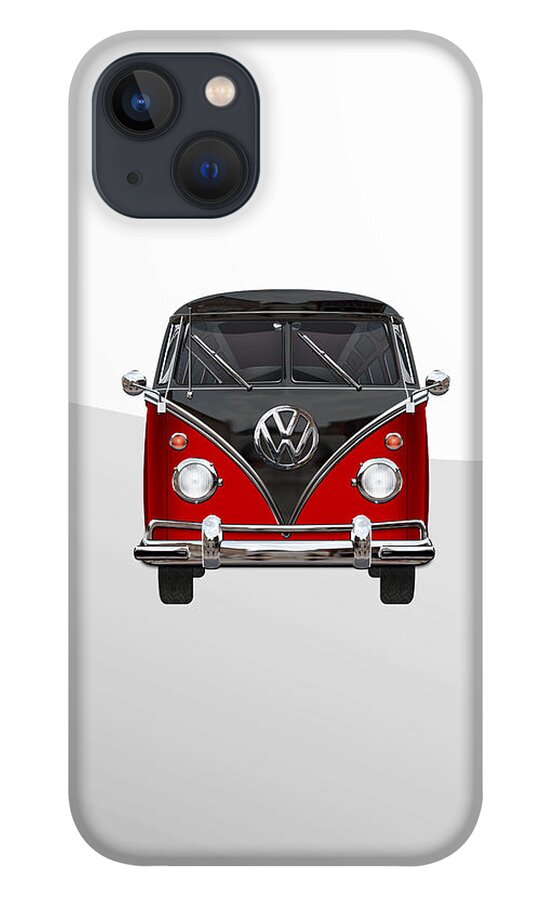 'volkswagen Type 2' Collection By Serge Averbukh iPhone 13 Case featuring the photograph Volkswagen Type 2 - Red and Black Volkswagen T 1 Samba Bus on White by Serge Averbukh
