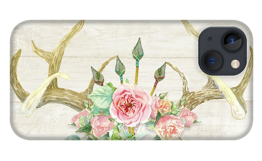 Watercolor iPhone 13 Case featuring the painting BOHO Love - Deer Antlers Floral Inspirational by Audrey Jeanne Roberts