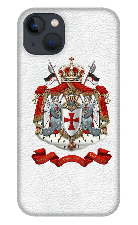 'ancient Brotherhoods' Collection By Serge Averbukh iPhone 13 Case featuring the digital art Knights Templar - Coat of Arms over White Leather by Serge Averbukh