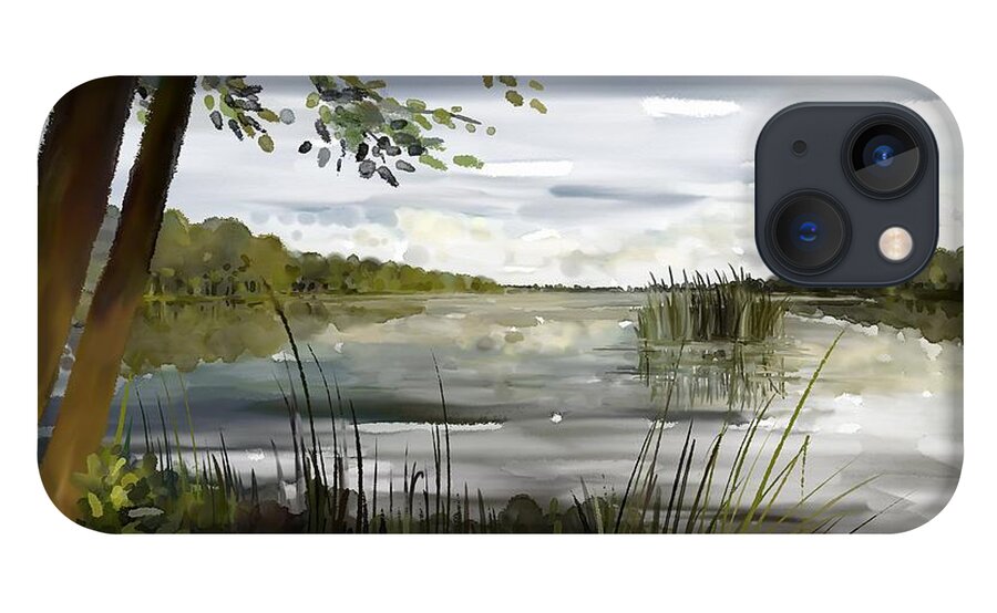 Painting iPhone 13 Case featuring the painting Quiet day by lake by Ivana Westin