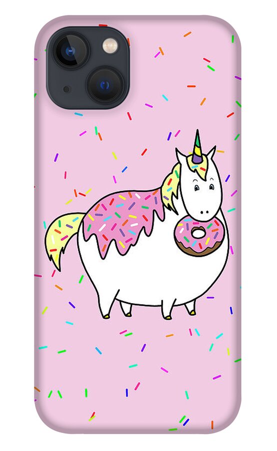 Unicorns iPhone 13 Case featuring the painting Chubby Unicorn Eating Sprinkle Doughnut by Crista Forest