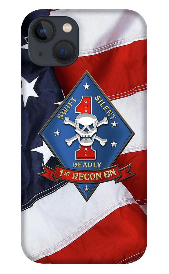 'military Insignia & Heraldry' Collection By Serge Averbukh iPhone 13 Case featuring the digital art U S M C 1st Reconnaissance Battalion - 1st Recon Bn Insignia over American Flag by Serge Averbukh