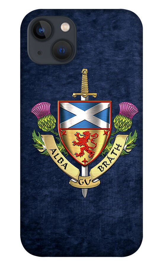 “world Heraldry” Collection Serge Averbukh iPhone 13 Case featuring the digital art Scotland Forever - Alba Gu Brath - Symbols of Scotland over Blue Velvet by Serge Averbukh
