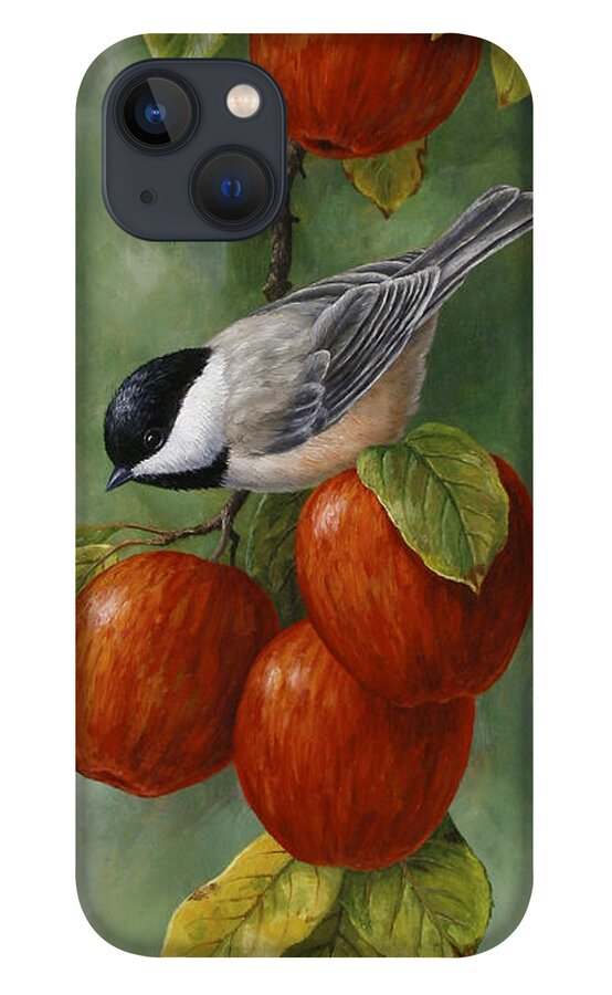 Birds iPhone 13 Case featuring the painting Bird Painting - Apple Harvest Chickadees by Crista Forest