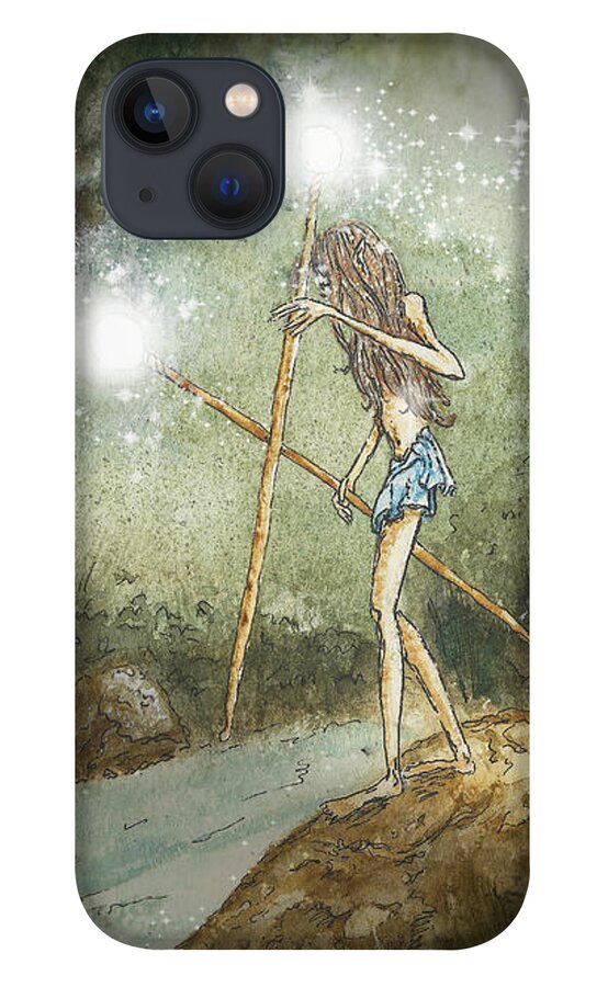 Fantasy iPhone 13 Case featuring the mixed media Aryaz Elf on River's Edge by Laura Ostrowski
