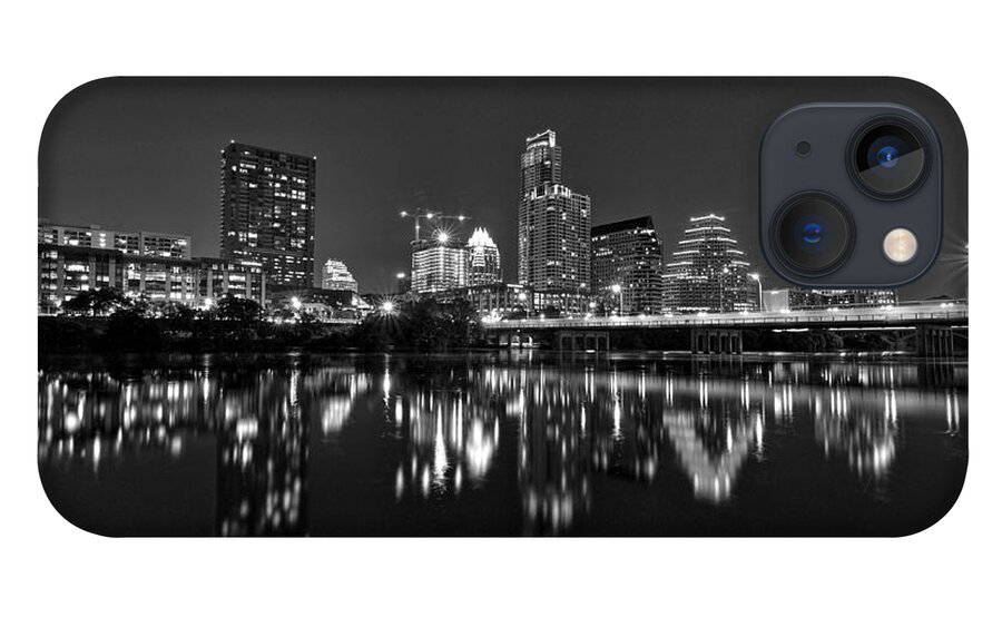 Austin iPhone 13 Case featuring the photograph Austin Skyline At Night Black and White by Todd Aaron