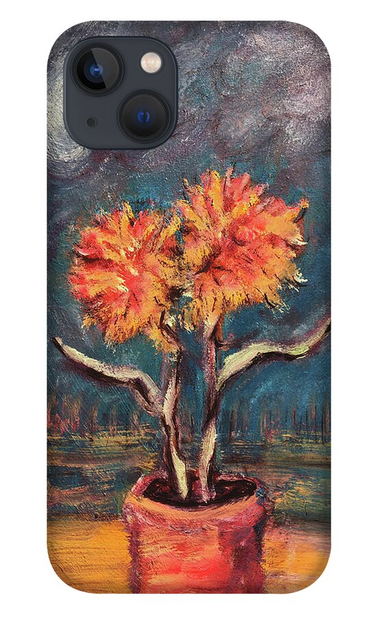 Autumn Feathered Petals Planted Vase Soft Clouds Two Flowers Original Art Oil Painting By Katt Yanda iPhone 13 Case featuring the painting Autumn Feathered Petals by Katt Yanda