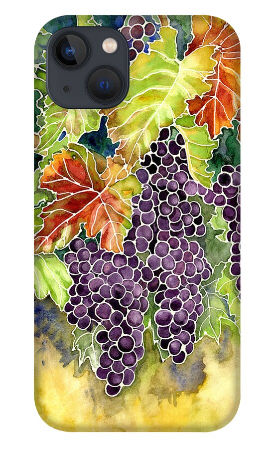Cabernet Sauvignon Grapes iPhone 13 Case featuring the painting Autumn Vineyard in its Glory - Batik Style by Audrey Jeanne Roberts