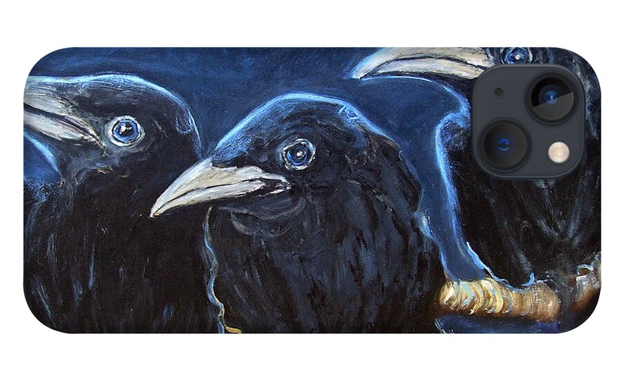 Katt Yanda Original Art Oil Painting Baby Crows Ravens iPhone 13 Case featuring the painting Baby Crows by Katt Yanda