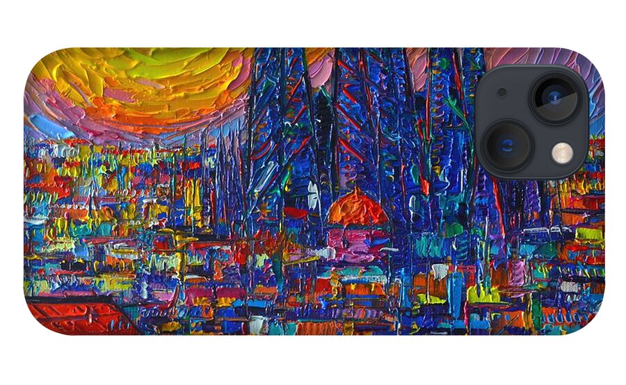 Barcelona iPhone 13 Case featuring the painting BARCELONA COLORFUL SUNSET OVER SAGRADA FAMILIA abstract city knife oil painting Ana Maria Edulescu by Ana Maria Edulescu