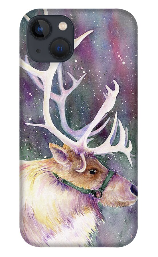 Reindeer iPhone 13 Case featuring the painting Basking in the Lights by Lori Taylor