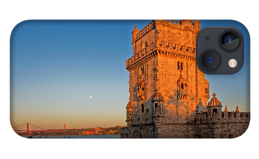 Lisbon iPhone 13 Case featuring the photograph Belem Tower and the moon by Mark Rogers