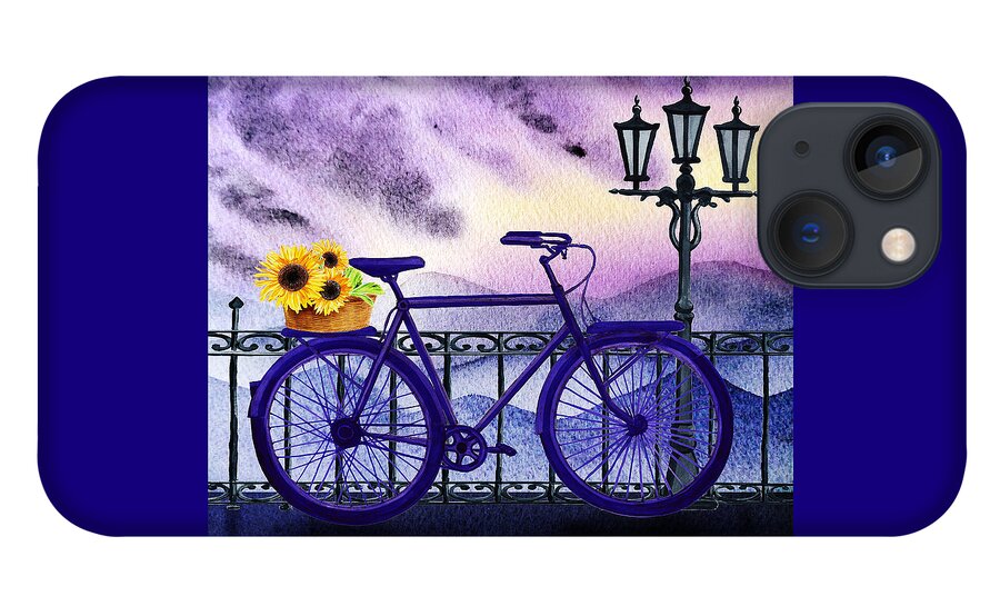 Bicycle iPhone 13 Case featuring the painting Blue Bicycle And Sunflowers by Irina Sztukowski by Irina Sztukowski