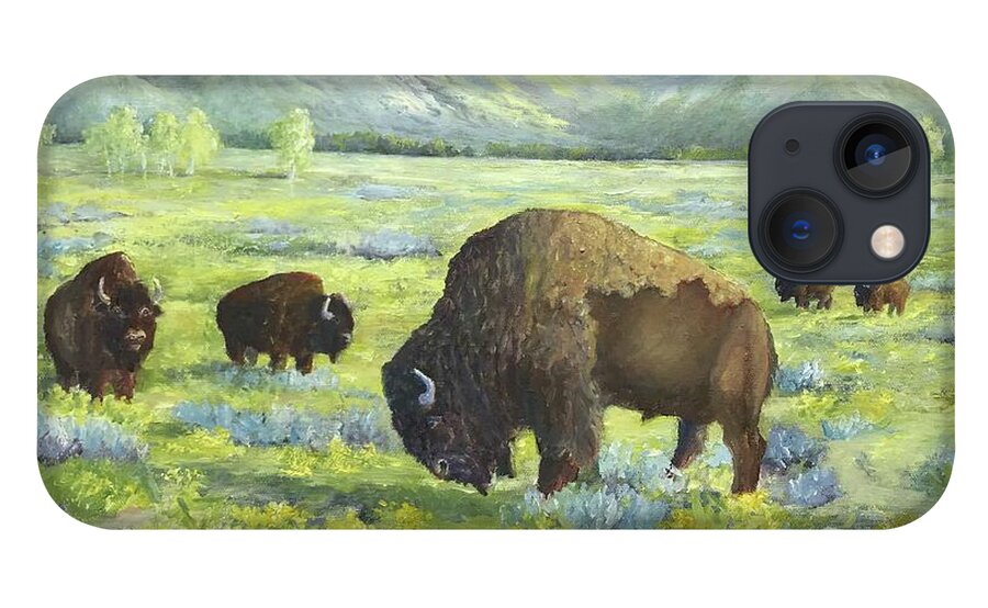 Tetons iPhone 13 Case featuring the painting Bison of Yellowstone by ML McCormick