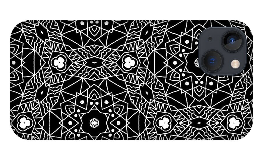 Black iPhone 13 Case featuring the digital art Black and White Boho Pattern 3- Art by Linda Woods by Linda Woods