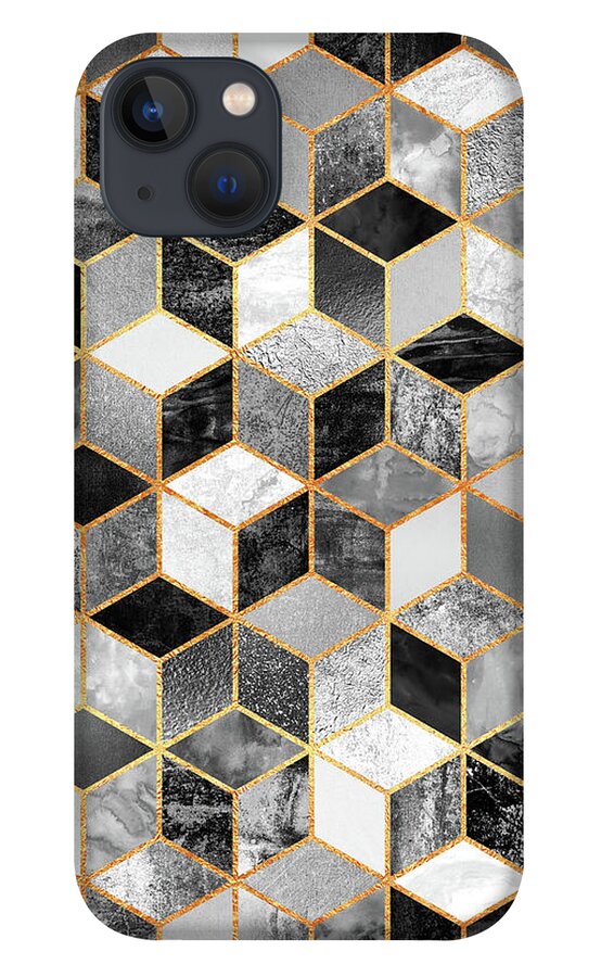Graphic Design iPhone 13 Case featuring the digital art Black and White Cubes by Elisabeth Fredriksson