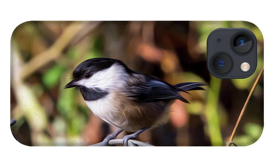 Black iPhone 13 Case featuring the digital art Black Capped Chickadee Digital Oil by Birdly Canada