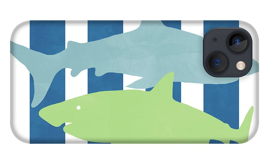Shark iPhone 13 Case featuring the mixed media Blue and Green Sharks- Art by Linda Woods by Linda Woods