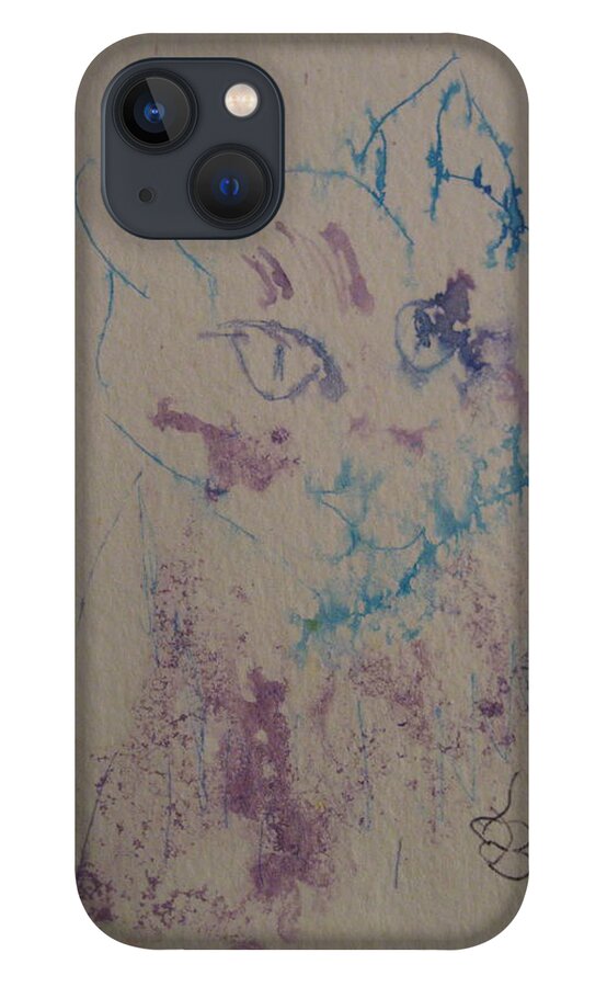 Blue iPhone 13 Case featuring the drawing Blue And Purple Cat by AJ Brown