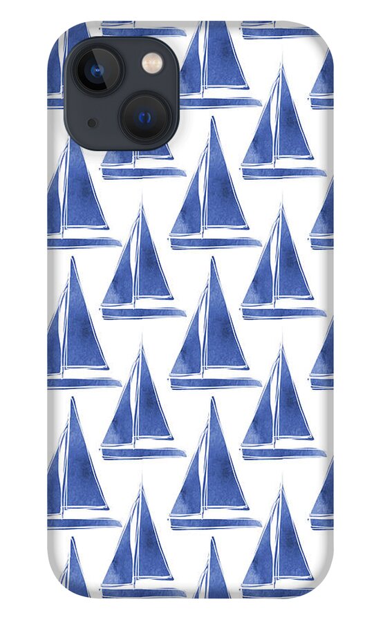 Boats iPhone 13 Case featuring the digital art Blue and White Sailboats Pattern- Art by Linda Woods by Linda Woods