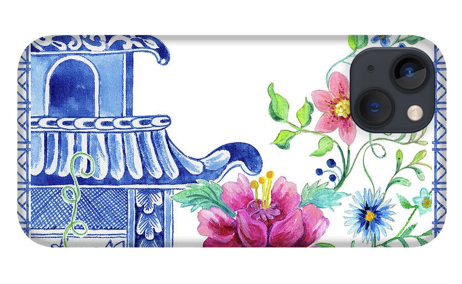 Chinese iPhone 13 Case featuring the painting Blue Asian Influence 10 Vintage Style Chinoiserie Floral Pagoda w Chinese Chippendale Border by Audrey Jeanne Roberts