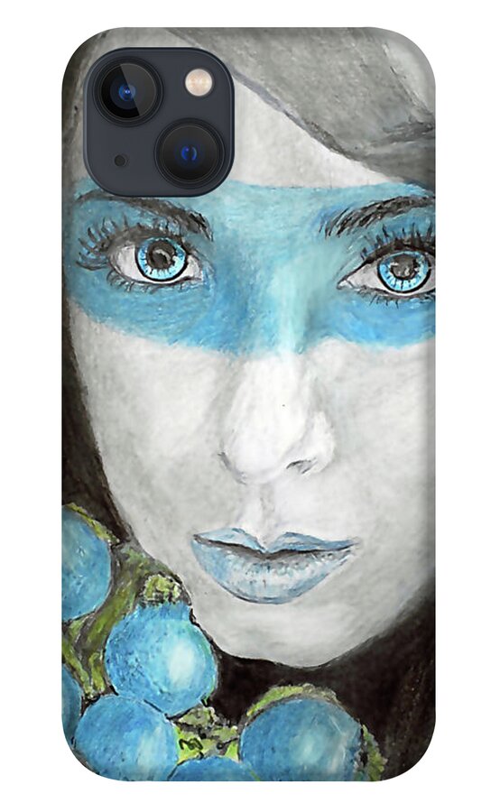 Girl iPhone 13 Case featuring the drawing Blue Berry Kisses by Quwatha Valentine
