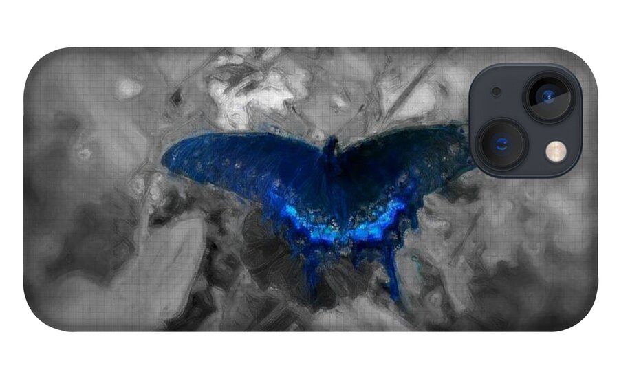 Delicate iPhone 13 Case featuring the digital art Blue butterfly in charcoal and vibrant aqua paint by MendyZ
