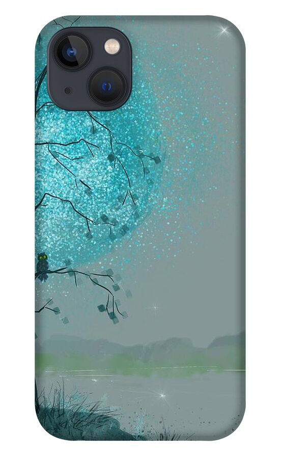 Owl iPhone 13 Case featuring the digital art Blue Moon Owls by Debra Baldwin