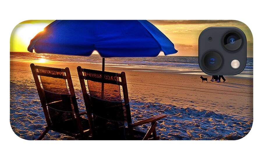 Beach iPhone 13 Case featuring the photograph Blue Umbrella Beach Chairs Sunrise by Joey OConnor Photography