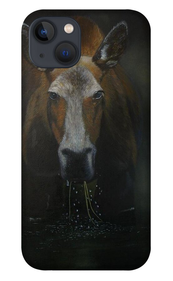 Moose iPhone 13 Case featuring the painting Boreal beauty by Jean Yves Crispo