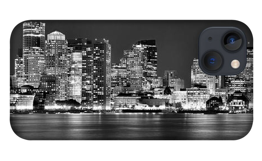 Boston Skyline At Night iPhone 13 Case featuring the photograph Boston Skyline at NIGHT Panorama Black and White by Jon Holiday