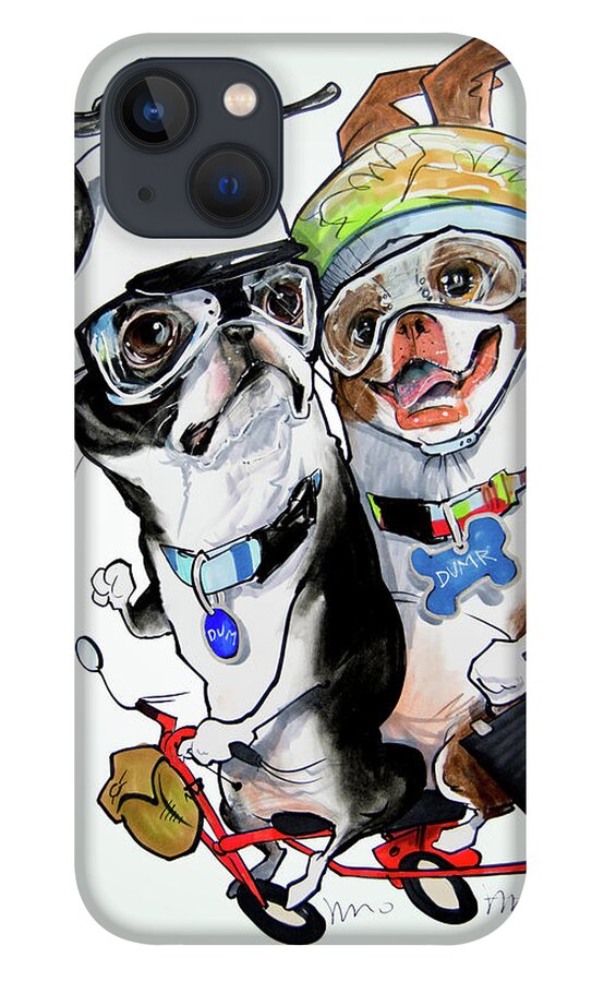 Boston Terrier iPhone 13 Case featuring the drawing Boston Terriers - Dumb and Dumber by John LaFree