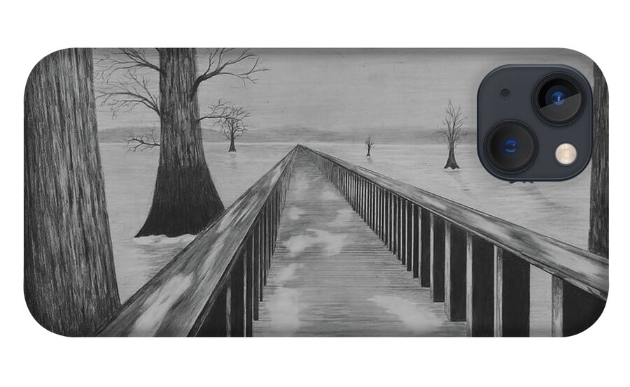Lake iPhone 13 Case featuring the drawing Bridge Across Frozen Lake by Gregory Lee
