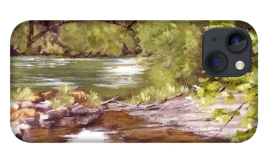 River iPhone 13 Case featuring the painting Bridge View by Karen Ilari