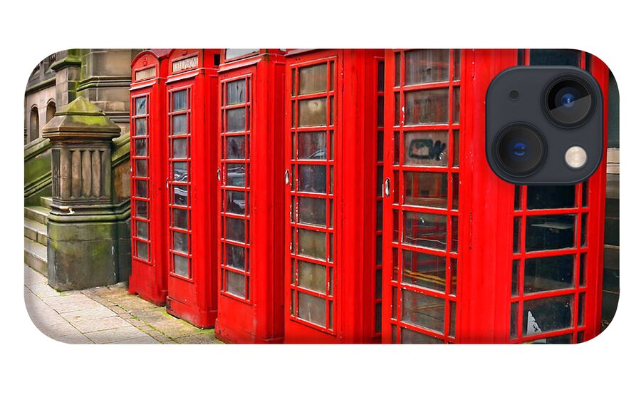 Telephone Boxes Red Town Hall Middlesbrough Traditional Cast Iron Glass Panels White Telephone Signs Dome Roof iPhone 13 Case featuring the photograph British Telephone Box by Jeff Townsend