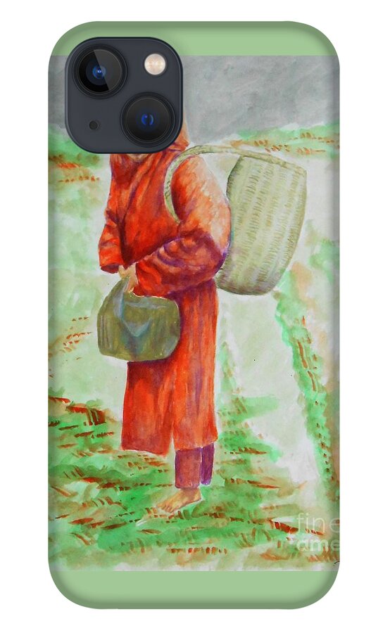 Asian iPhone 13 Case featuring the painting Bundled and Barefoot -- Portrait of Old Asian Woman Outdoors by Jayne Somogy
