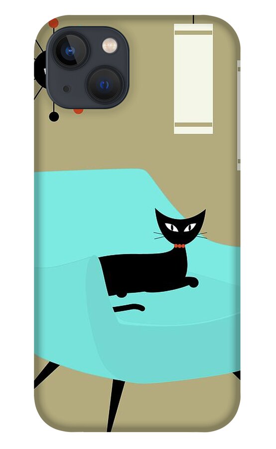 Mid Century Modern iPhone 13 Case featuring the digital art Chair with Ball Clock by Donna Mibus