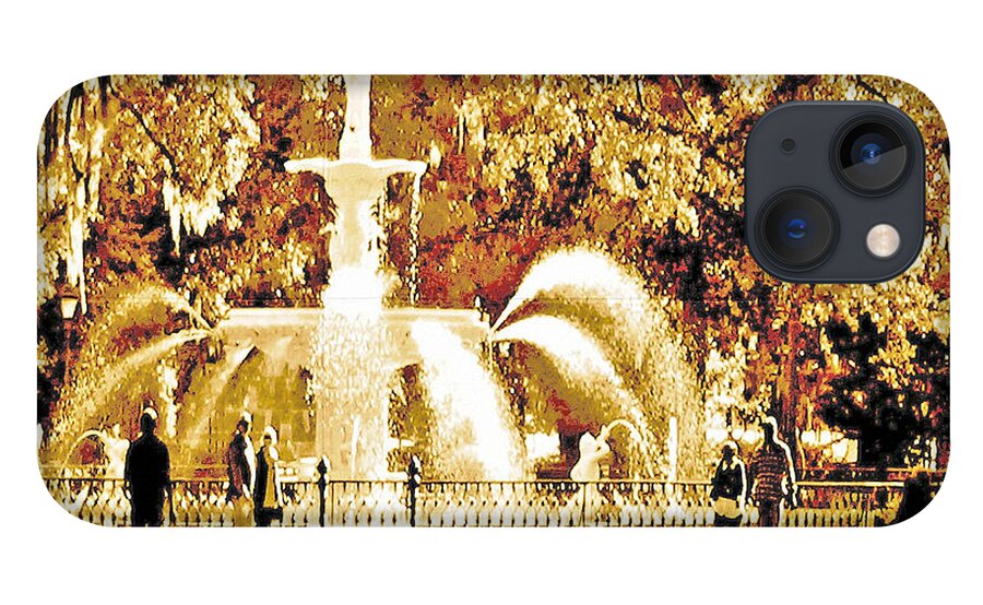 Savannah Historic District iPhone 13 Case featuring the digital art Champagne Twilight Forsyth Park Fountain in Savannah Georgia USA by Aberjhani