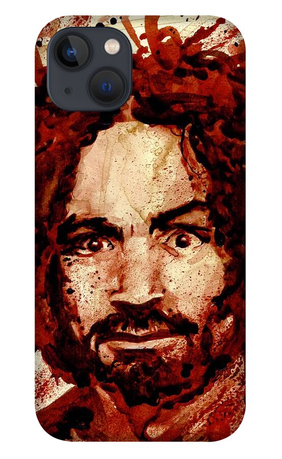 Ryan Almighty iPhone 13 Case featuring the painting CHARLES MANSON portrait dry blood by Ryan Almighty