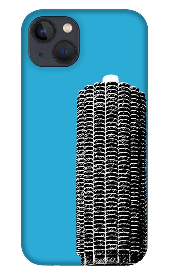 Architecture iPhone 13 Case featuring the digital art Chicago Skyline Marina Towers - Teal by DB Artist