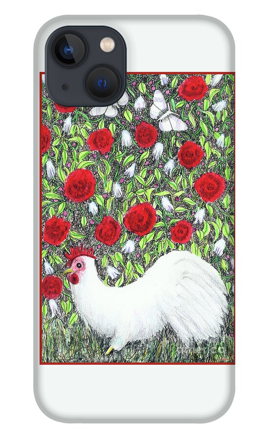 Lise Winne iPhone 13 Case featuring the painting Chicken and Butterflies in the Flowers by Lise Winne