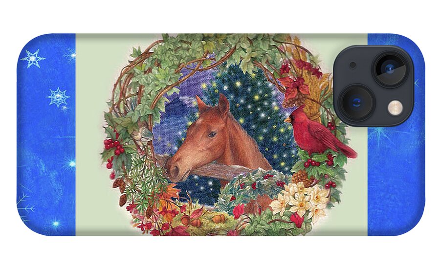 Equestrian Art iPhone 13 Case featuring the painting Christmas horse and Holiday wreath by Judith Cheng