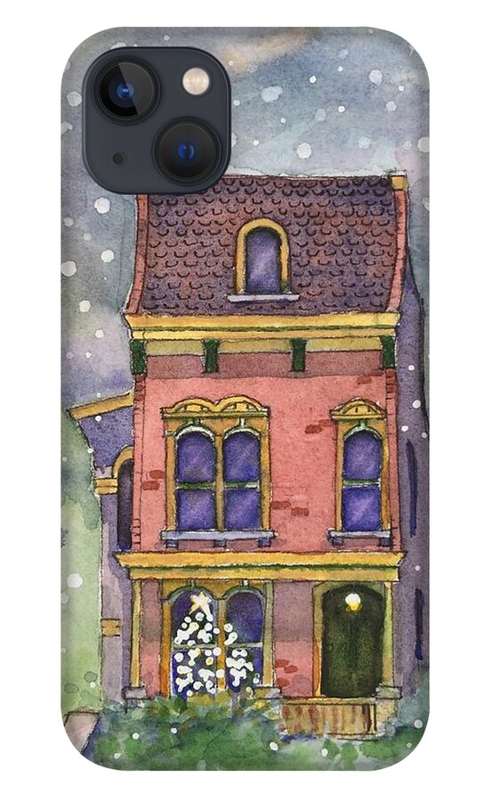 Watercolor Christmas Card iPhone 13 Case featuring the painting Christmas on North Hill by Rebecca Matthews