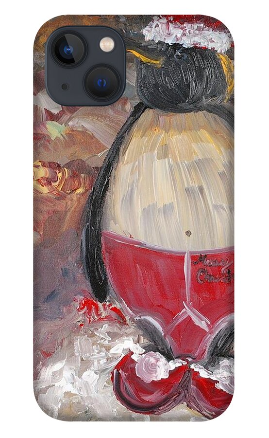 Penguin iPhone 13 Case featuring the painting Christmas Penguin by Nadine Rippelmeyer