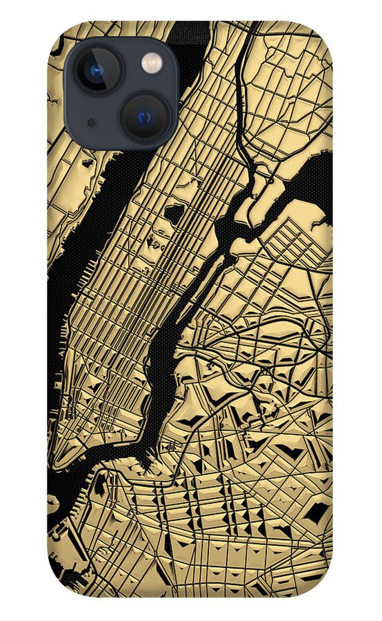'nyc ' Collection By Serge Averbukh iPhone 13 Case featuring the digital art Cities of Gold - Golden City Map New York on Black by Serge Averbukh