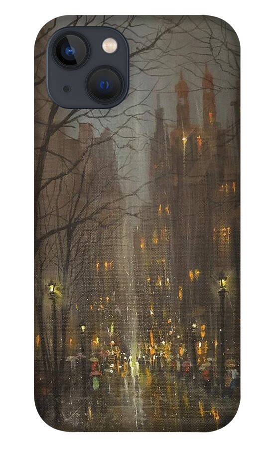City Rain iPhone 13 Case featuring the painting City Park by Tom Shropshire